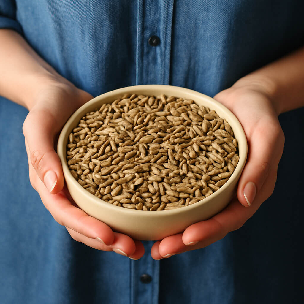 Hands holding a bowl of shelled sunflower kernels