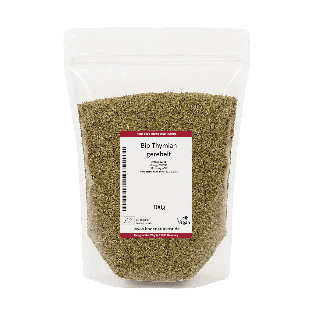Gennemsigtig genlukkelig pose med 300 g økologisk findelt timian og hvid etiket