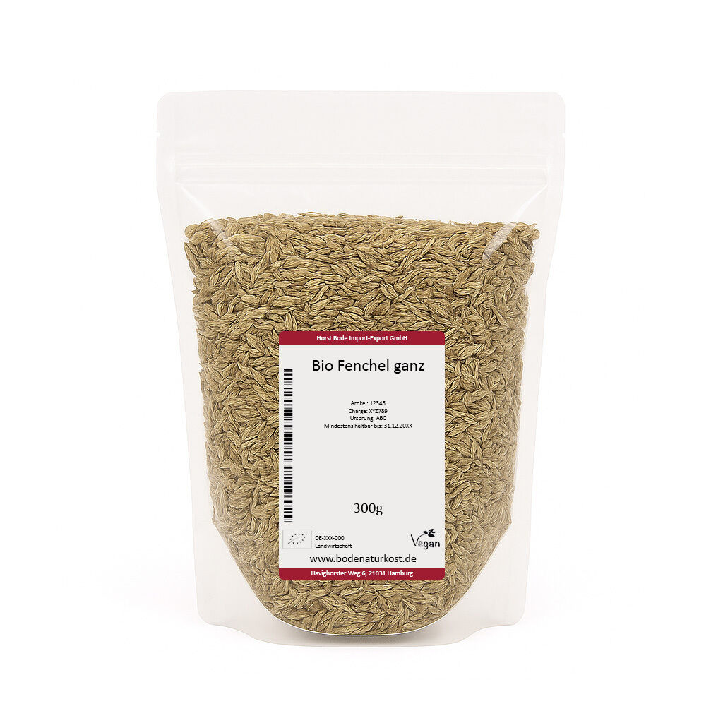 Genlukkelig hvid plastpose med 300 g økologiske hele fennikelfrø. Gennemsigtig front viser grønbrune frø; hvid etiket med teksten 'Bio Fenchel ganz'.