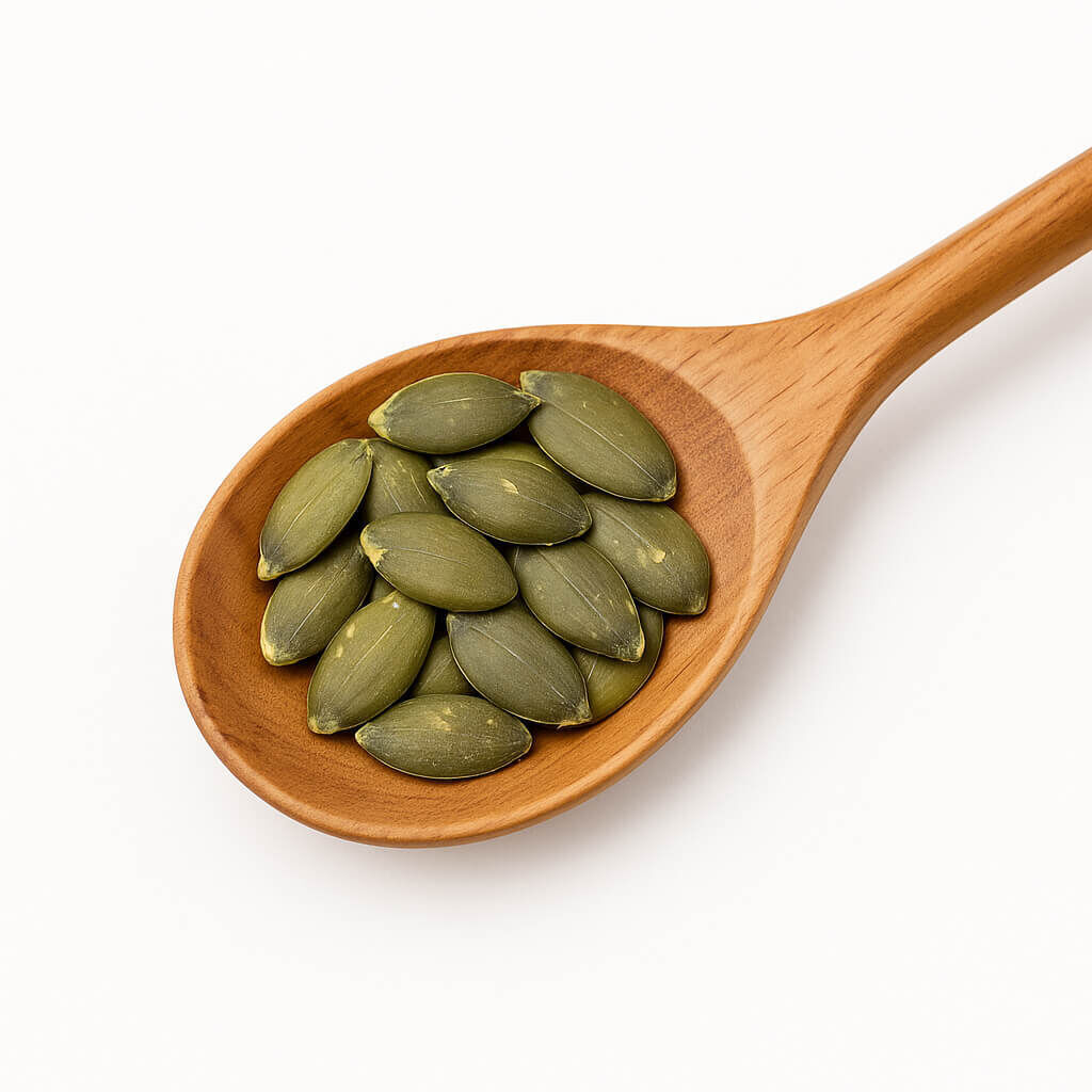 Green pumpkin seeds (pepitas) on wooden spoon