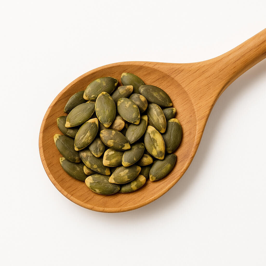 Wooden spoon filled with green pumpkin seeds (pepitas)