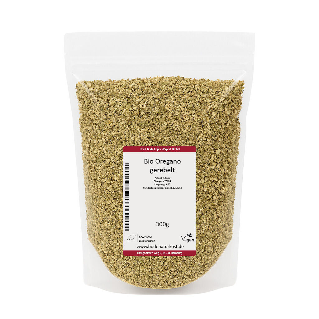 Gennemsigtig genlukkelig pose med 300 g økologisk knust oregano, synligt grønt krydderi og hvid etiket på forsiden