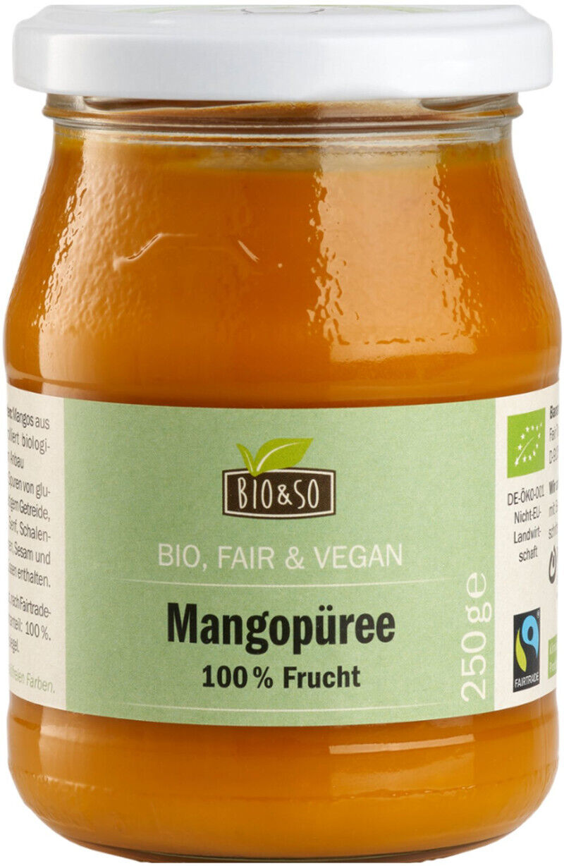 Glas mit BIO&SO Mangopüree (250 g), orangefarbene Mangopaste in Glas mit weißem Deckel, Etikett "Mangopüree 100% Frucht" sowie Bio- und Fairtrade-Logo sichtbar
