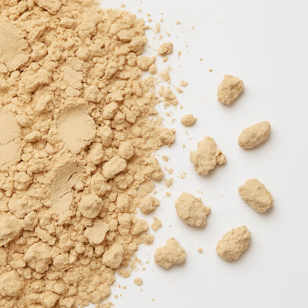 Top-down view of beige powder and scattered clumps