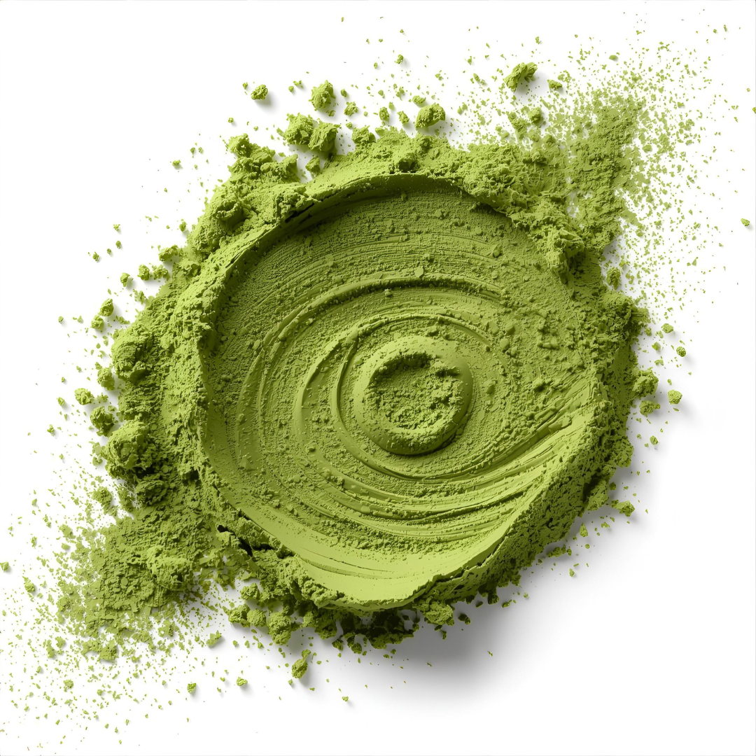 Top view of matcha green tea powder swirl on white