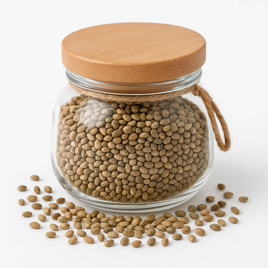 Clear jar filled with brown lentils on white background