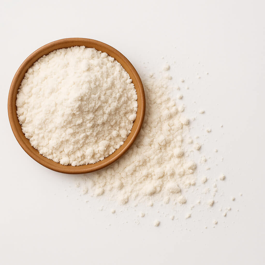 Powdered milk in wooden bowl on white background