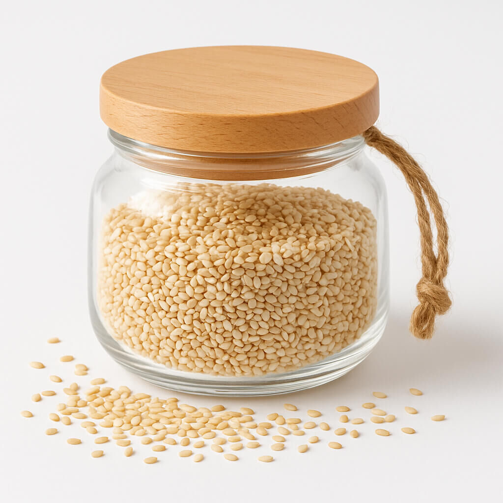 Clear glass jar filled with white sesame seeds