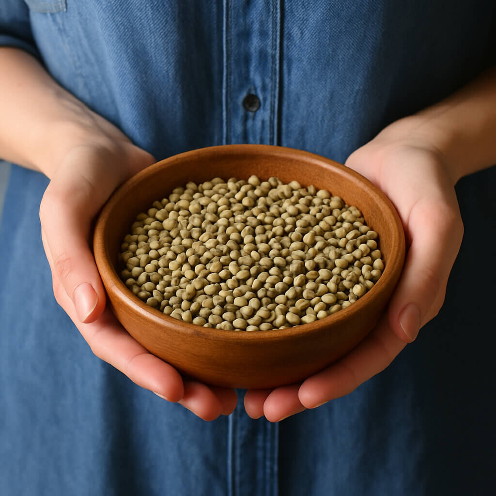 Hands holding bowl of green lentils