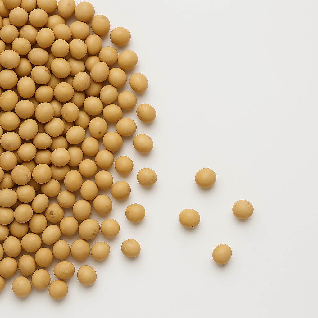 Scattered soybeans cluster on white surface