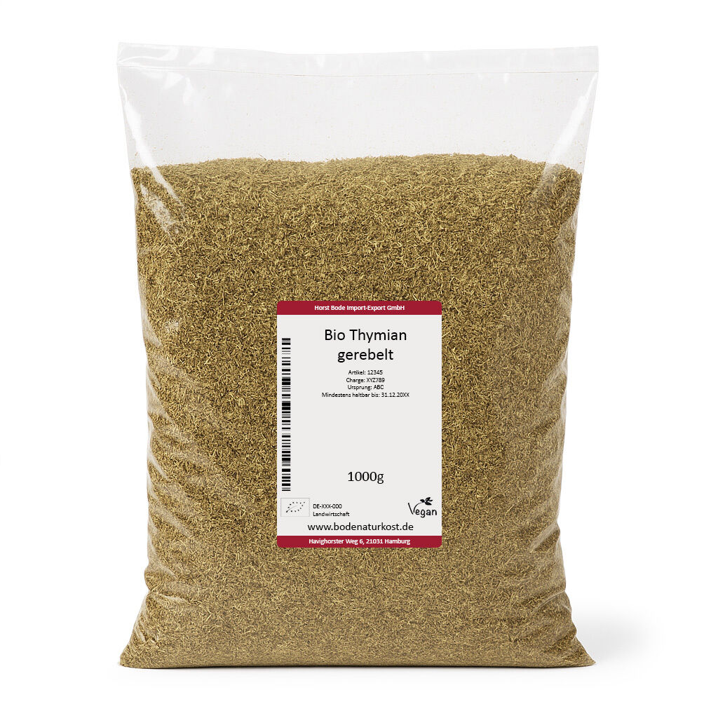 Gennemsigtig plastpose med 1 kg økologisk knust timian, synlig etiket