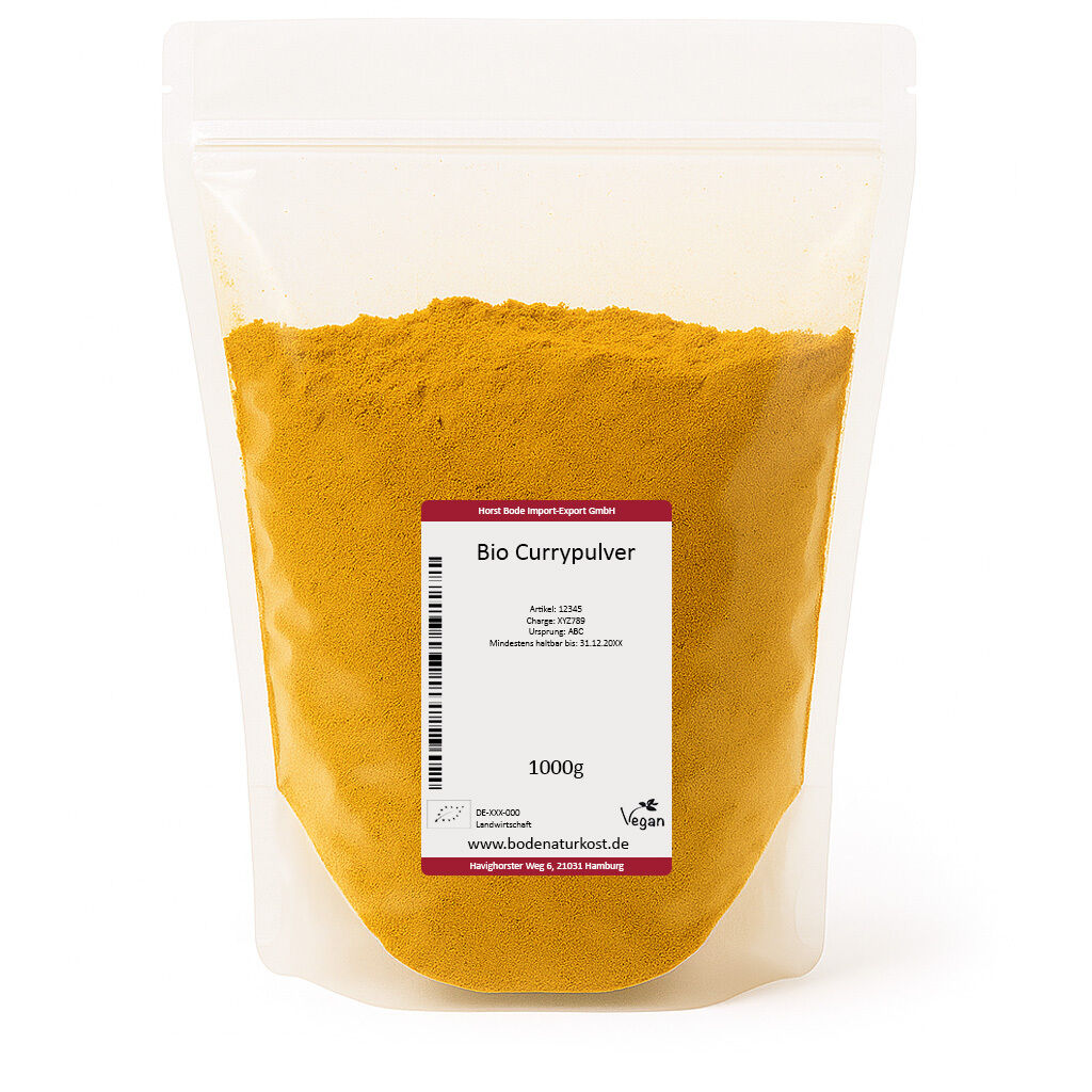 Økologisk currypulver (1000 g) i gennemsigtig, genlukkelig stand-up-pose med hvid etiket og rød topkant; karrygul pulver med vegansk mærke