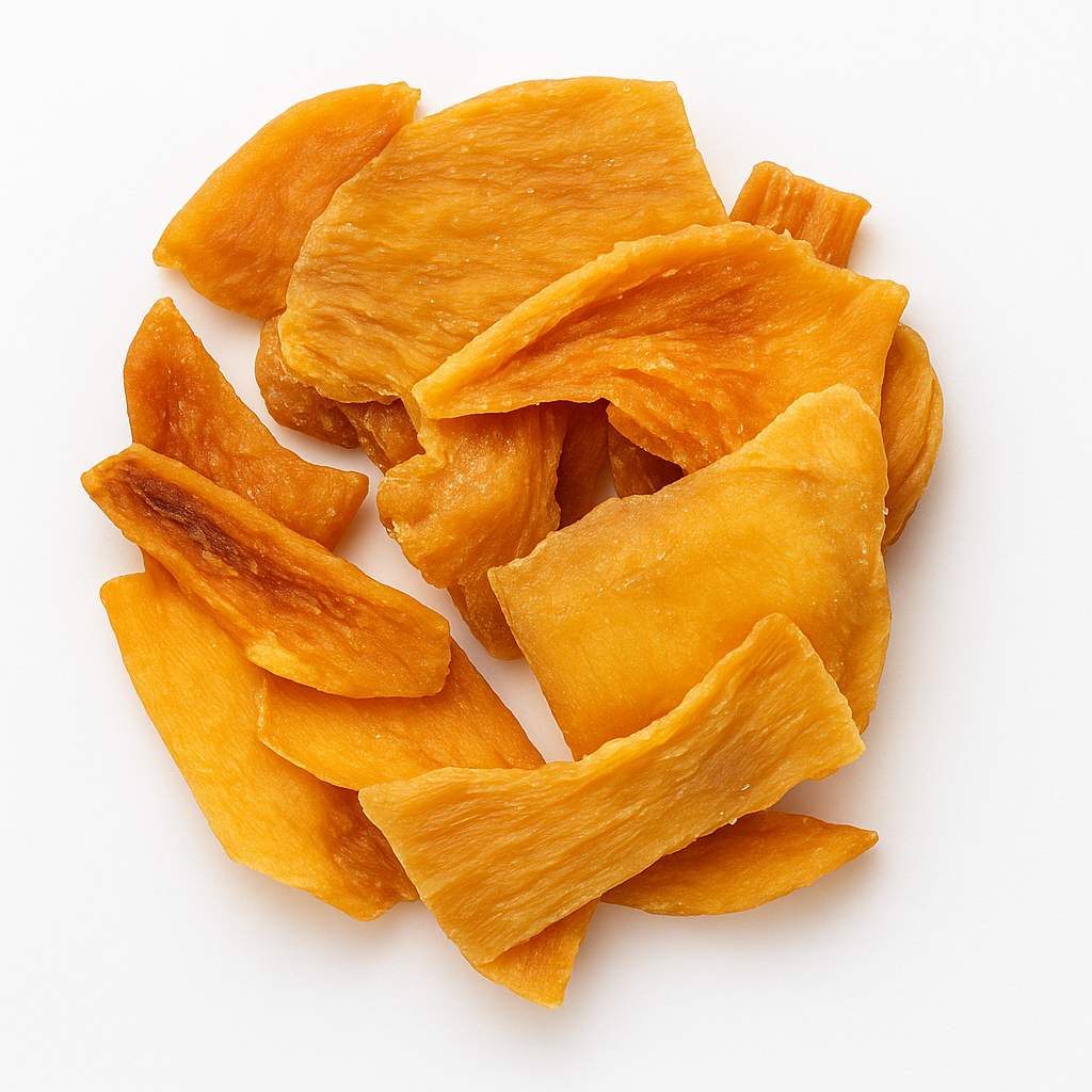 En bunke tørrede mangoskiver på en hvid overflade.