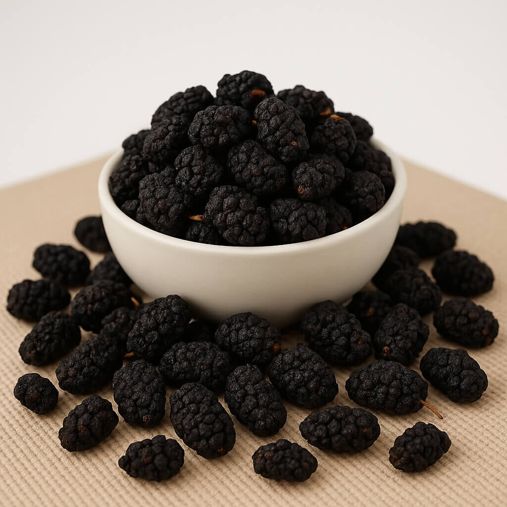 Bowl of dried black mulberries on beige mat