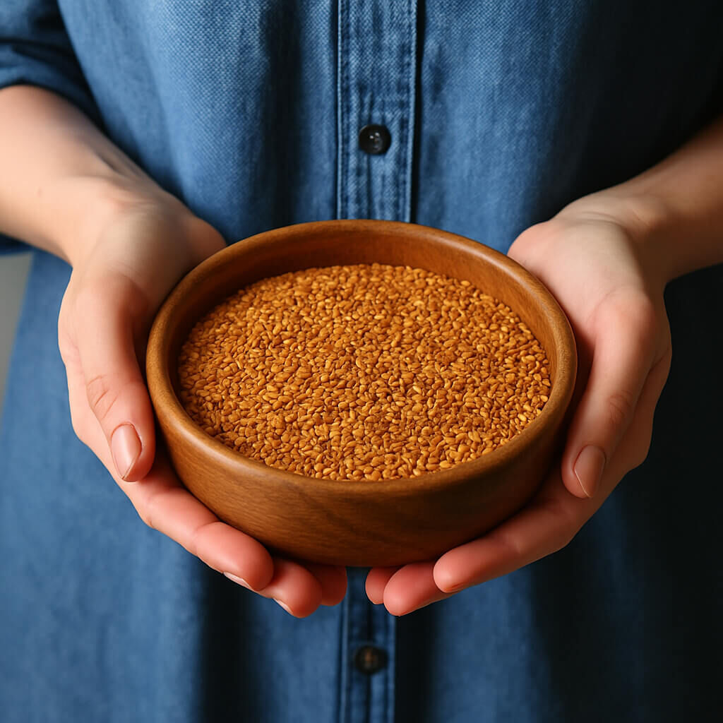 Hands holding wooden bowl filled with golden sesame seeds