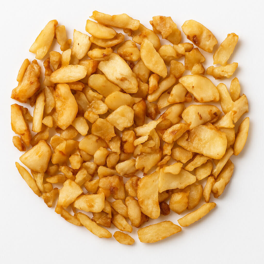 Close-up of golden crispy fried garlic flakes