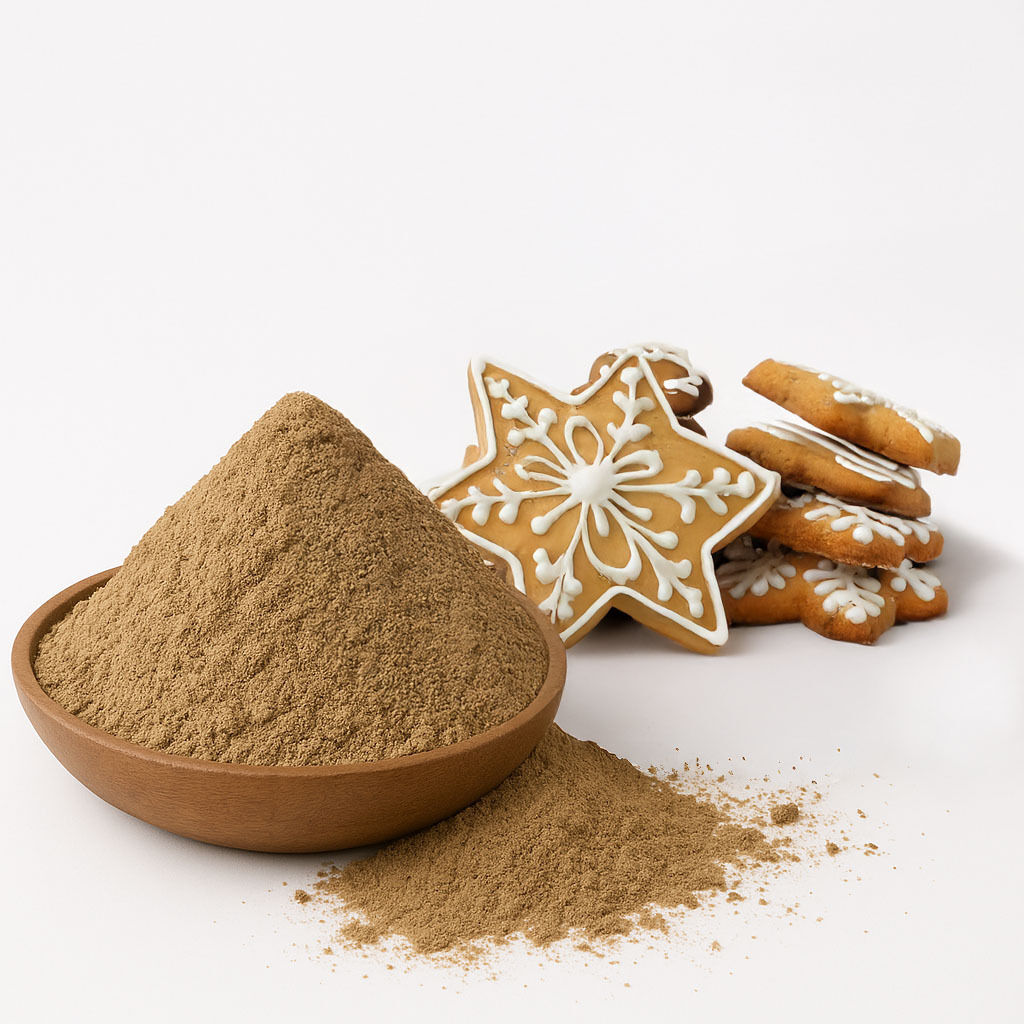 En træskål fyldt med ingefærkrydderi, omgivet af stjerneformede småkager med hvid glasur