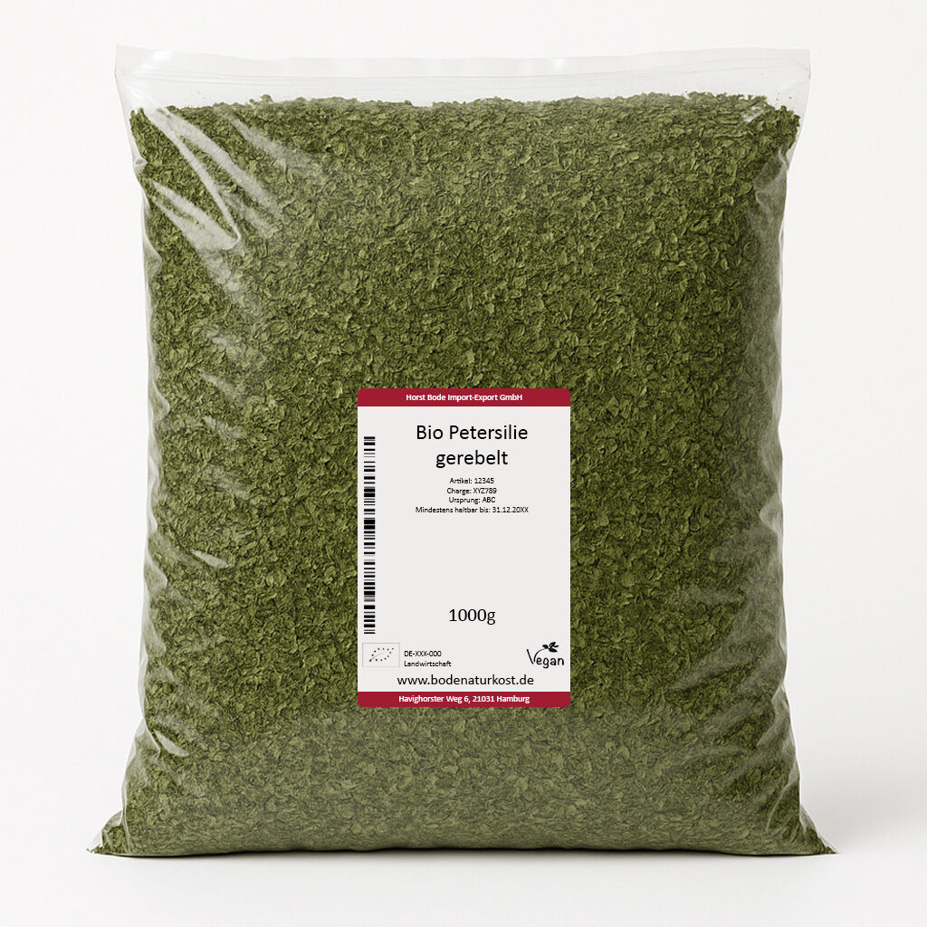 Package of organic dried parsley, 1000g, with label