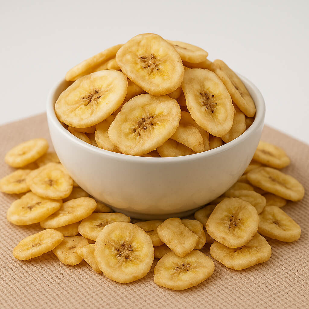 Bowl of crunchy banana chips