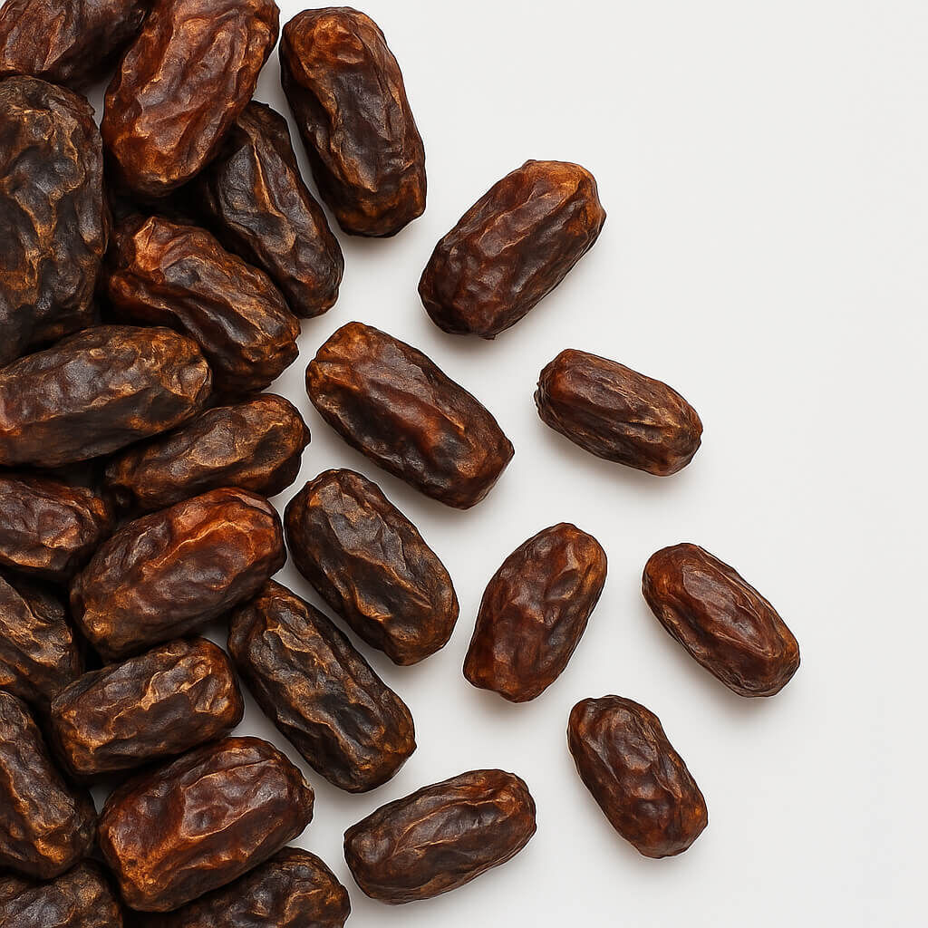 Pile of dried dates on white background