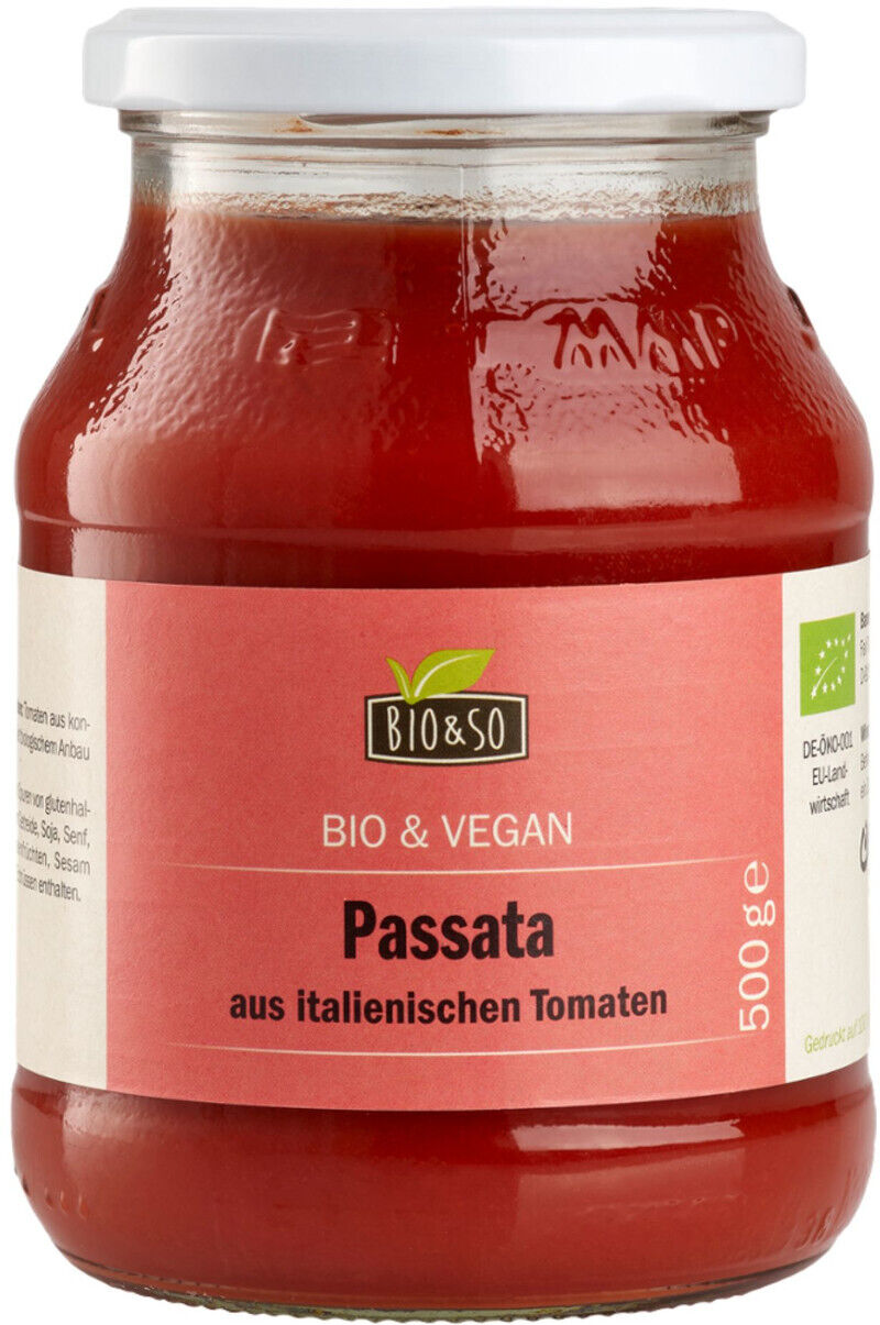 BIO&SO Passata Glas 500 g, Bio & Vegan: glatte Tomatensauce aus italienischen Tomaten im Schraubglas mit weißem Deckel