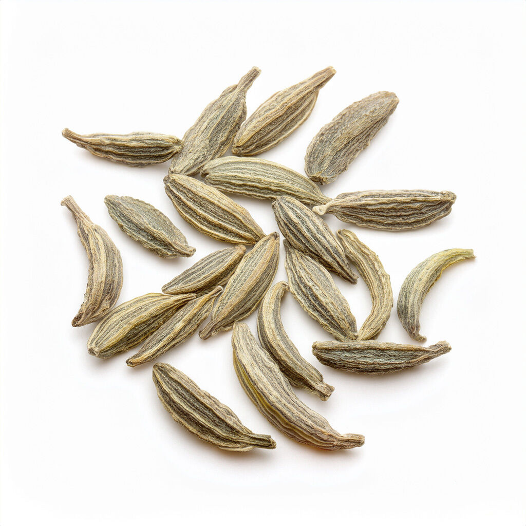 Nærbillede af hele, tørrede grønne kardemommekapsler spredt på hvid baggrund