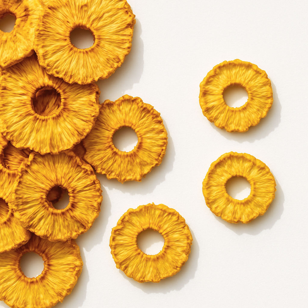 Dried pineapple rings arranged on white surface