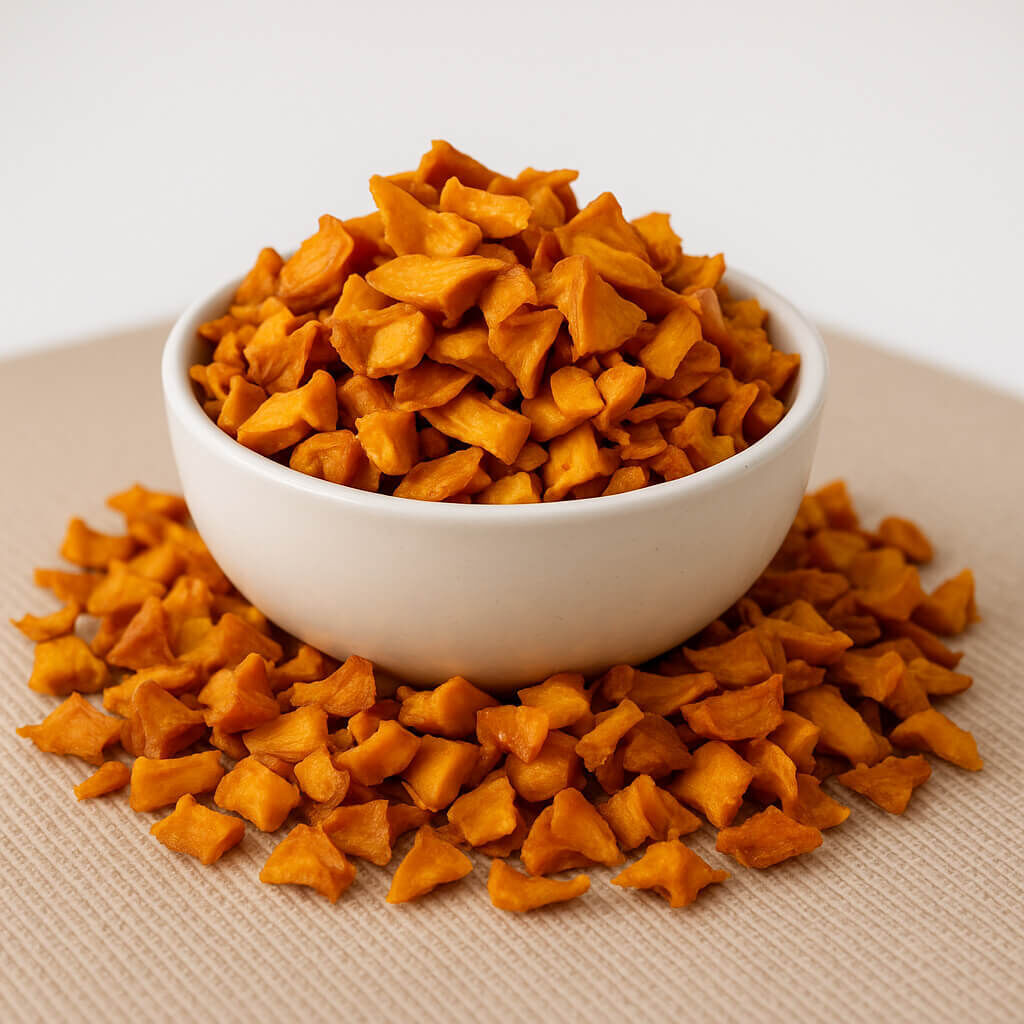Bowl of dried sweet potato pieces on mat