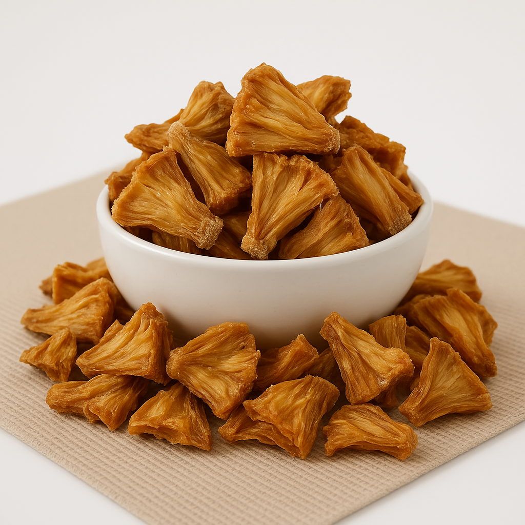 Bowl of dried pineapple pieces on napkin