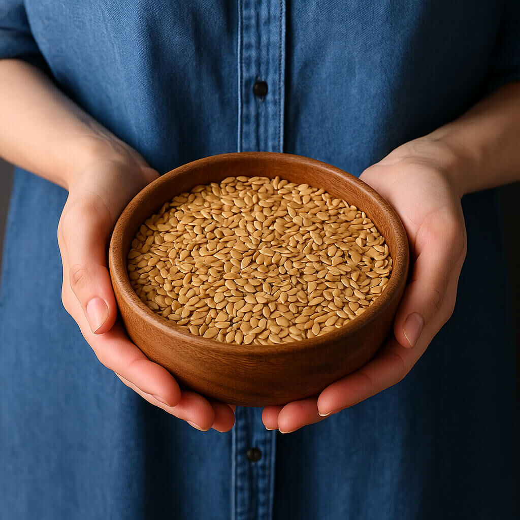 Hands holding wooden bowl of sesame seeds, close-up