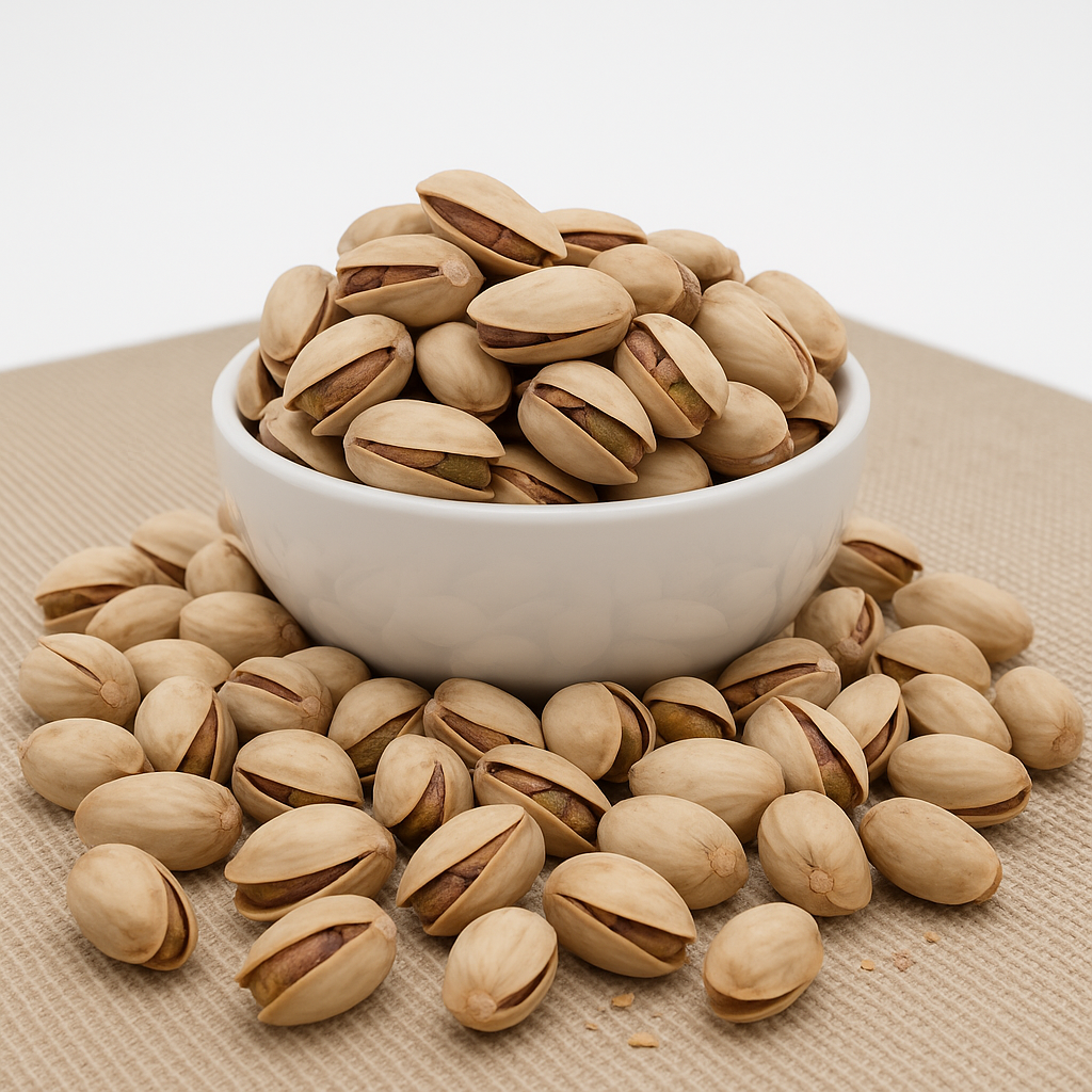 Weiße Keramikschale gefüllt mit geöffneten, gerösteten Pistazien; weitere Pistazien liegen verstreut auf beigem Leinenuntergrund