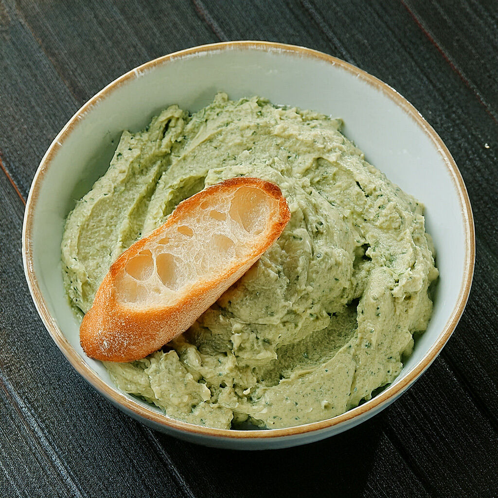 A bowl of creamy herb spread topped with a slice of baguette on a dark wooden table.