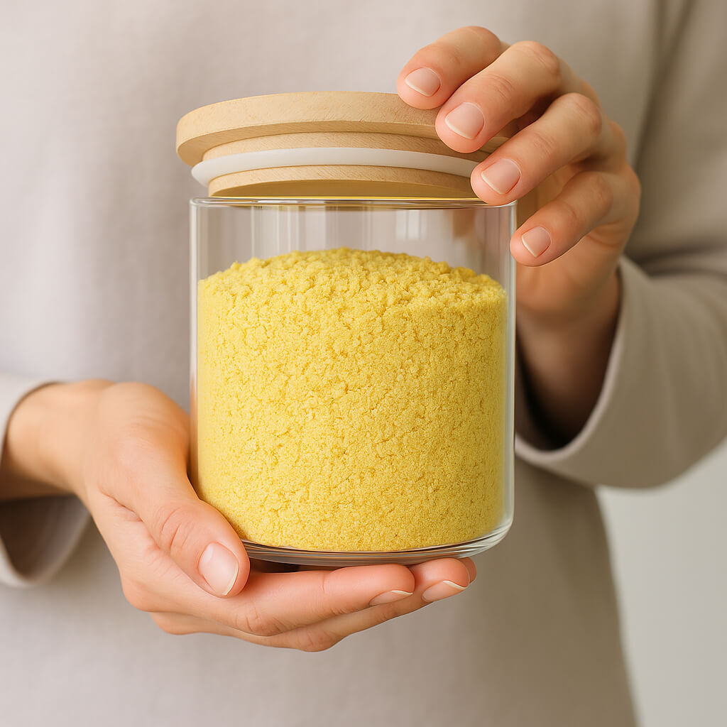 Hands holding jar of yellow powder with wooden lid