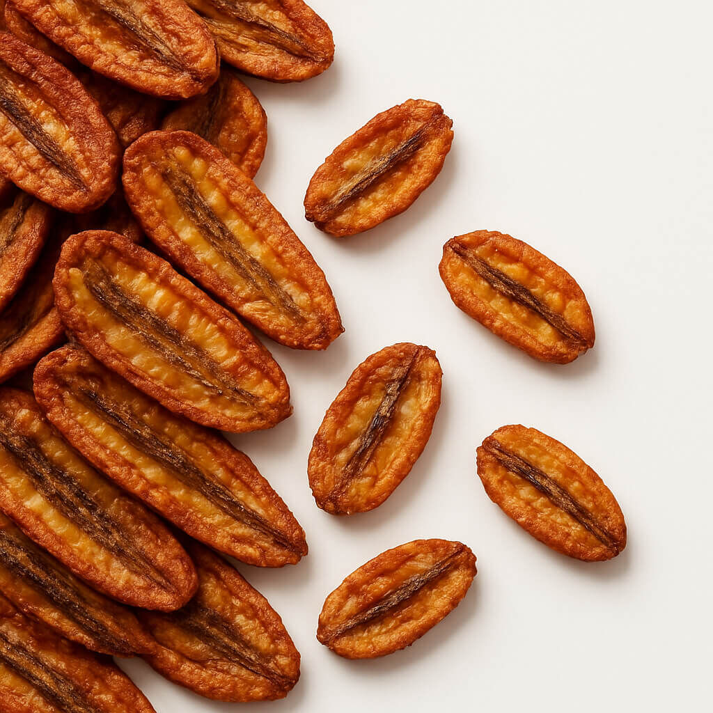 Close-up of dried banana chips on white background