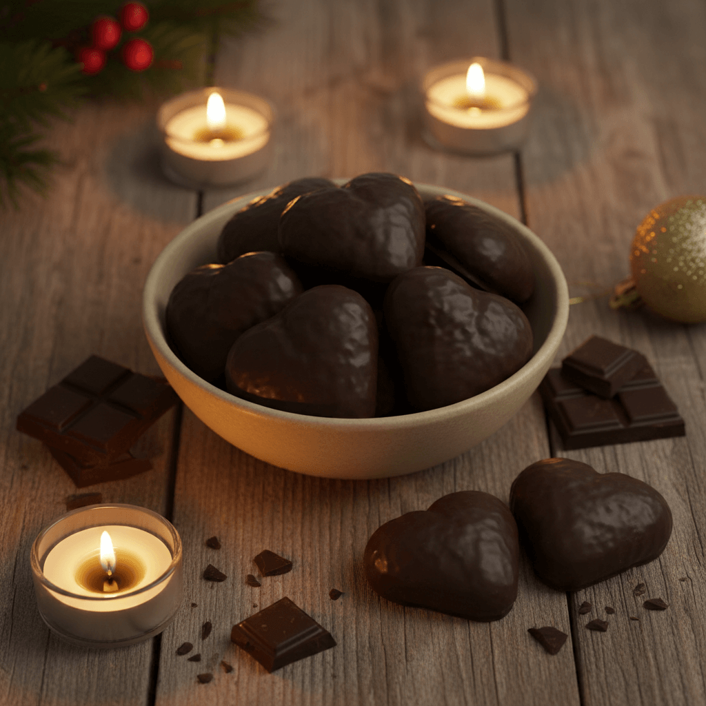 En skål med hjerteformede chokoladekager omgivet af tændte stearinlys og chokoladestykker på et træbord.