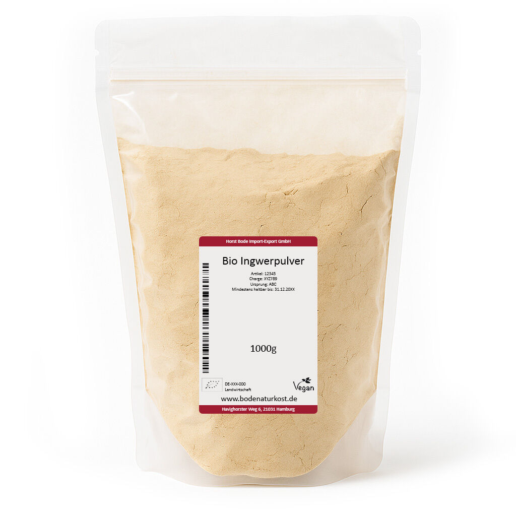Genlukkelig klar plastpose med 1000 g økologisk ingefærpulver (lys beige) og en hvid etiket med tysk tekst