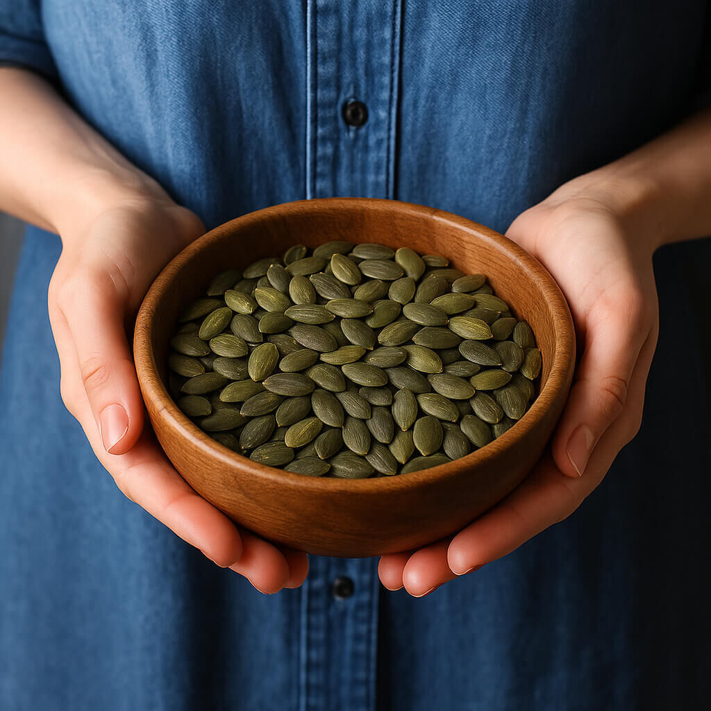 Hands holding wooden bowl of green pumpkin seeds