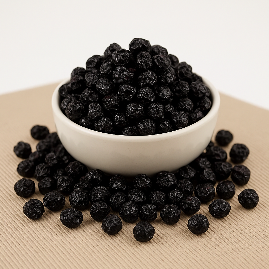 Bowl of dried blueberries on beige cloth