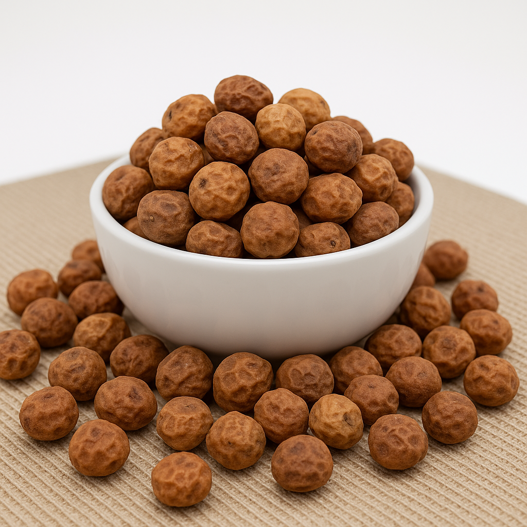Bowl filled with organic tiger nuts, showcasing a nutritious snack option