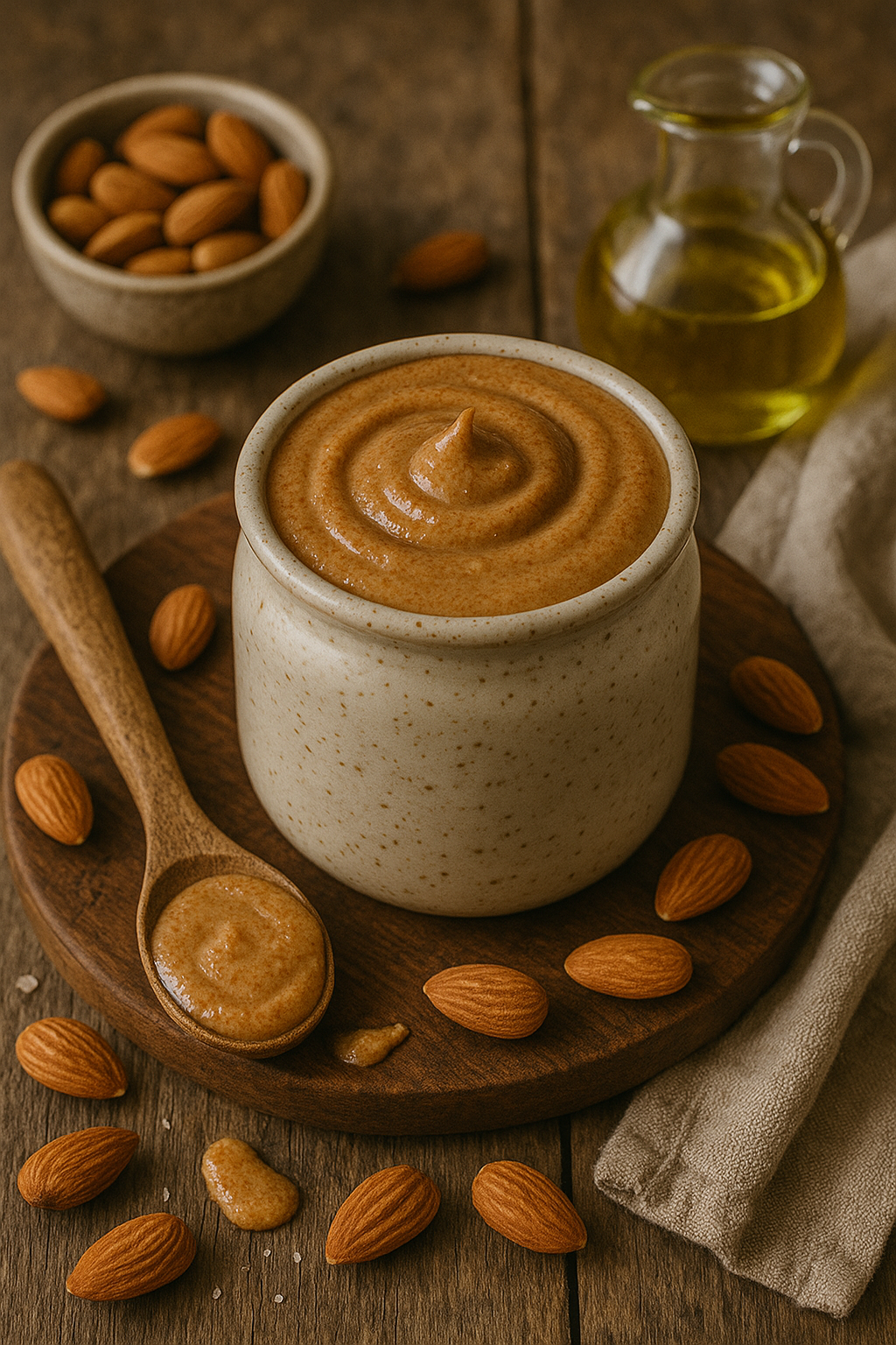 Almond butter with wooden spoon, whole almonds and oil