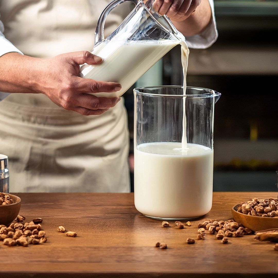 Person pouring fresh homemade nut milk into a glass jug on a wooden table with nuts