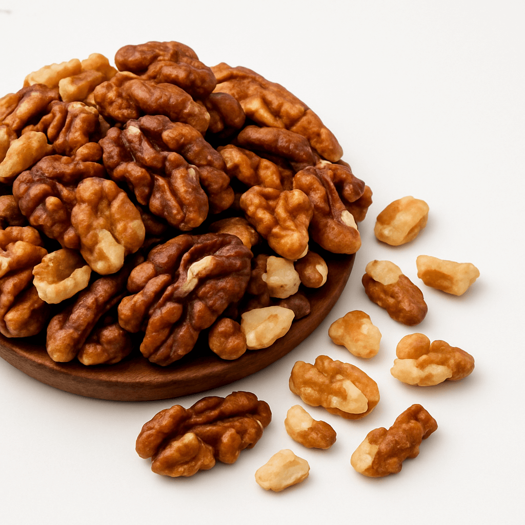 Close-up of shelled walnut halves on wooden plate