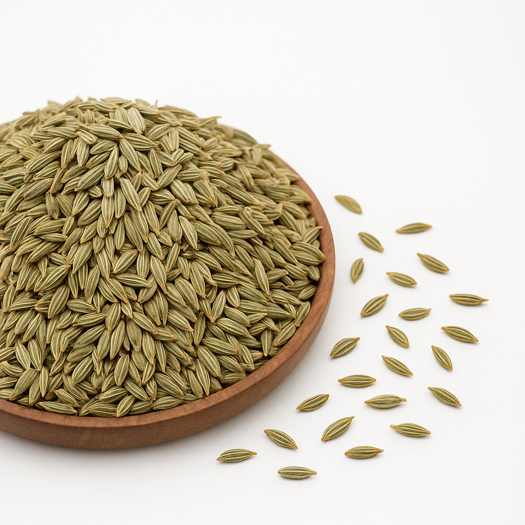 Bunke af hele fennikelfrø i en rund træskål på hvid baggrund