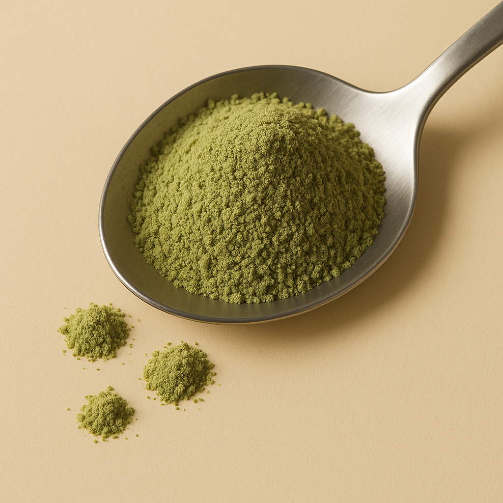 Close-up of green powder resting in a metal spoon against a beige backdrop