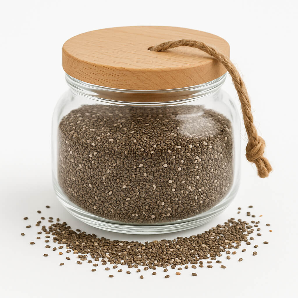 Jar filled with chia seeds, wooden lid and rope