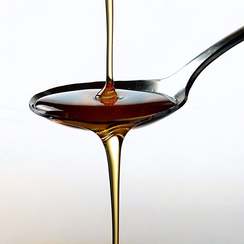 Nærbillede af gylden honning, der flyder fra en ske