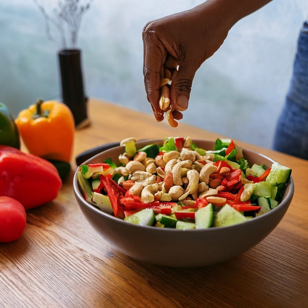 A hand adding cashews to a colorful vegetable salad in a bowl