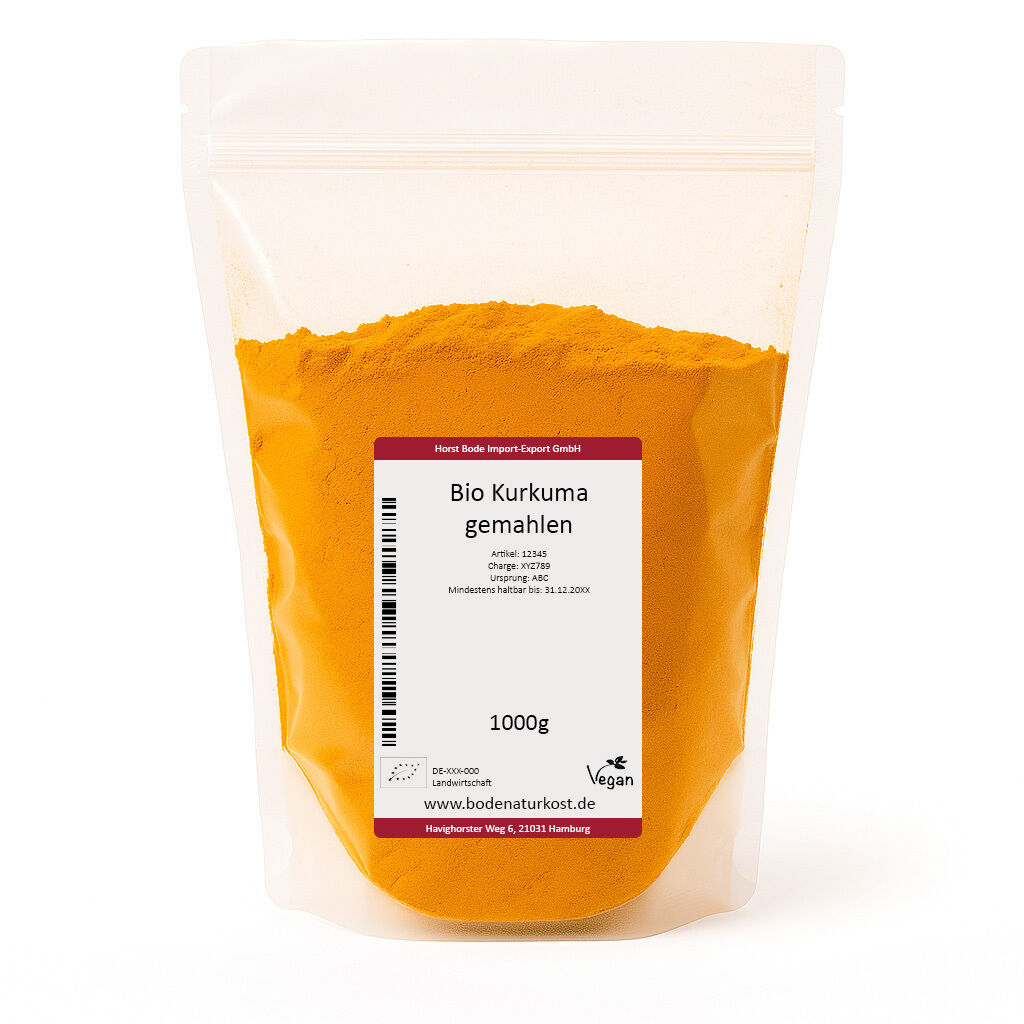 Genlukkelig plastpose med 1000 g økologisk malet gurkemeje i orange pulver, hvid etiket med teksten 'Bio Kurkuma gemahlen' og vegansk symbol.