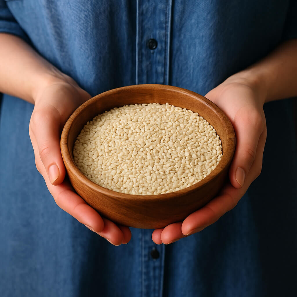 Hands holding wooden bowl filled with sesame seeds