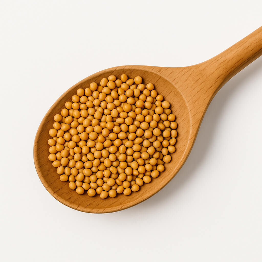 Close-up of wooden spoon filled with mustard seeds